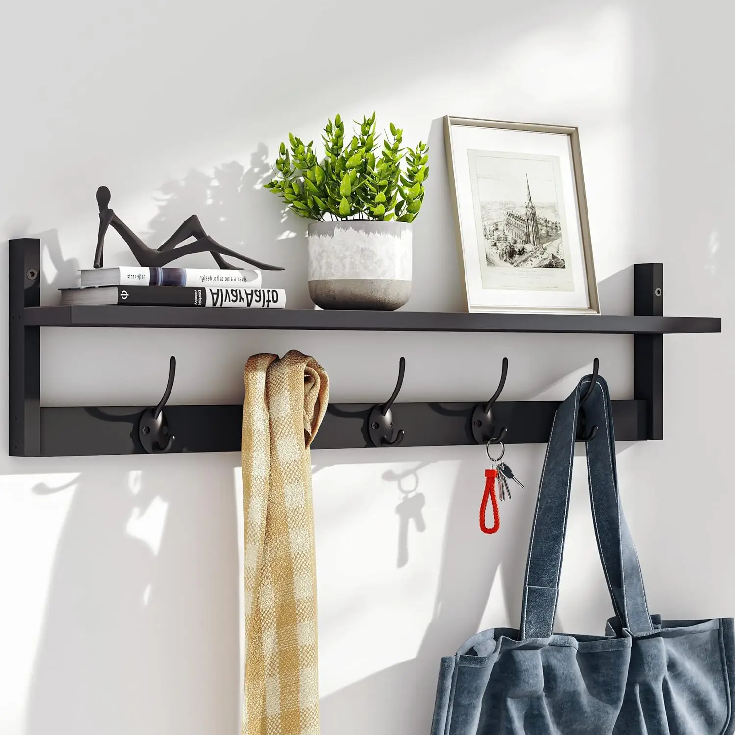 

Wall-Mounted Shelf with Hooks - 28.9 Inch Entryway Hanging Shelf with 5 Dual Hooks for Bathroom, Living Room, Bedroom (Black)