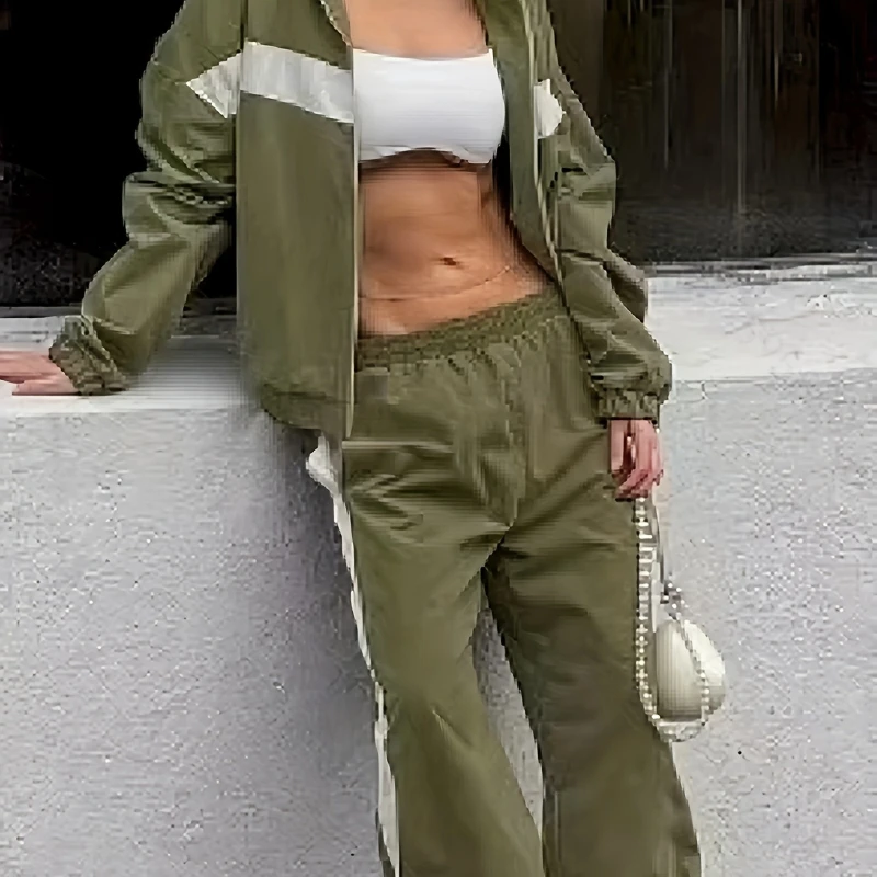 

Matching Two Piece Sports Suits Women Casual 2025 New Fall Fashion Patchwork Color Jacket+High Waist Elastic Pants Female Sets
