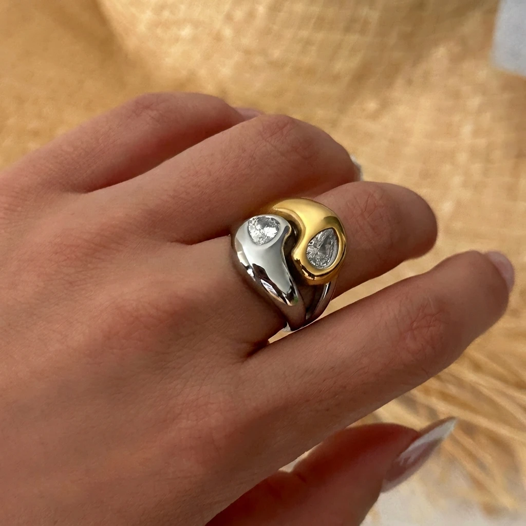 Edelstahl Zweifarbiger Ring für Frauen Trendiger Parallel-Doppellinien-Ring mit Unregelmäßiger Geometrie Stapelbarer Ring Wasserfester Alltagsschmuck – Detail 4