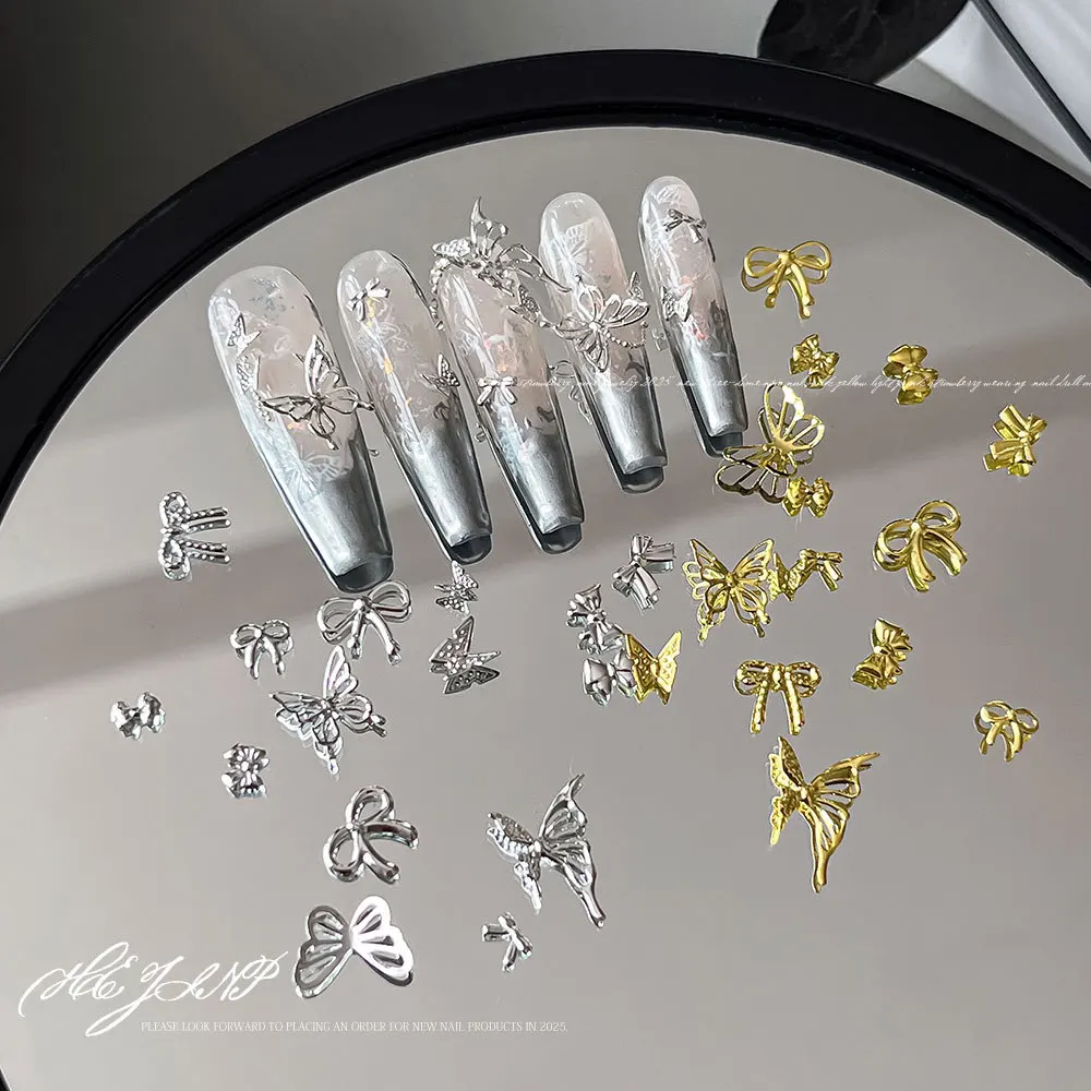 3g 미니 리본 활 나비 골드 실버 색상 간단한 합금 네일 아트 라인 석 장식 매니큐어 부품 용품 Char