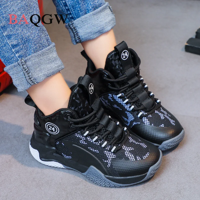 Children\'s Sport Basketball Shoes Mesh Breathable Non-slip Boy Girl School Training High Top Sneakers Stretch Fashion Lace-up