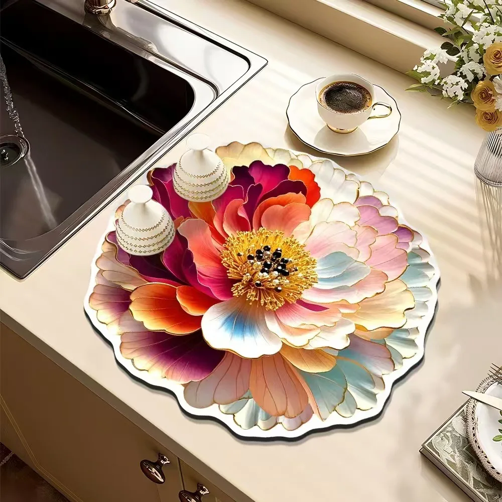 

40*40cm Pastoral Flower Carpet Special-shaped Quick Dry Kitchen Faucet Placemat Non-slip Water Absorbing Bathroom Carpet