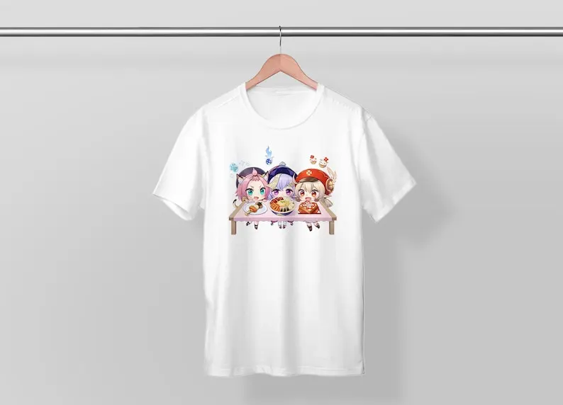 Klee Diona Qiqi - Genshin Impact Speciality dish Series! Unisex Tee T-shirt Kawaii Chibi Cute Fanart Merch Special food