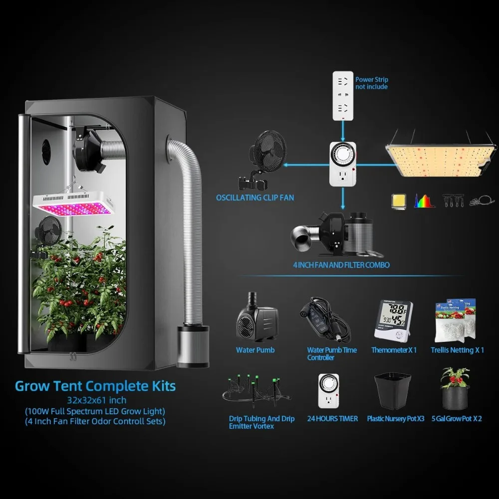 32X32 Grow Tent Complete System S1000 LED Grow Light Grow Tent Kit 4