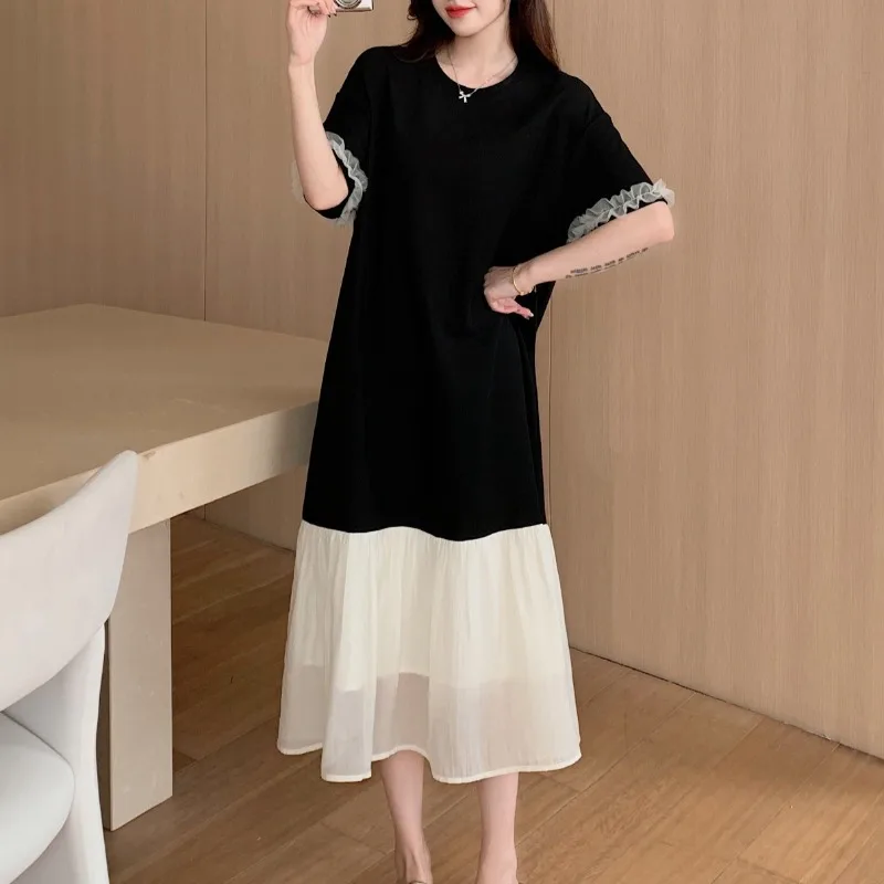 夏の新しい女性の裏地ドレス黒レース半袖 Tシャツドレススプライシングマキシフィッシュテールドレス女性服