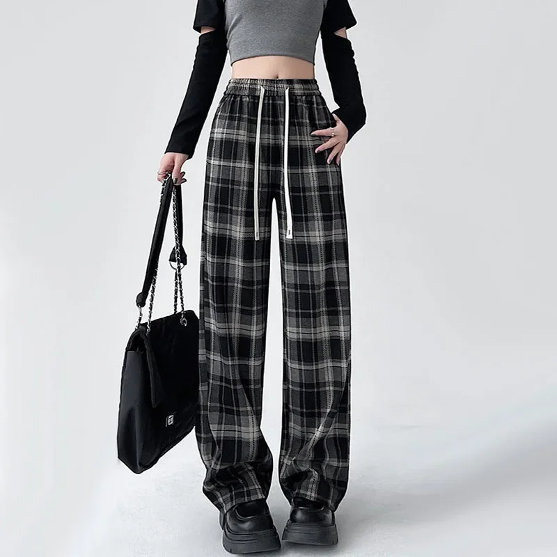 

2024 Spring Autumn Women Plaid Wide Leg Pants Ladies Casual Sweatpants High Waist Loose Straight Trousers Harajuku Streetwear