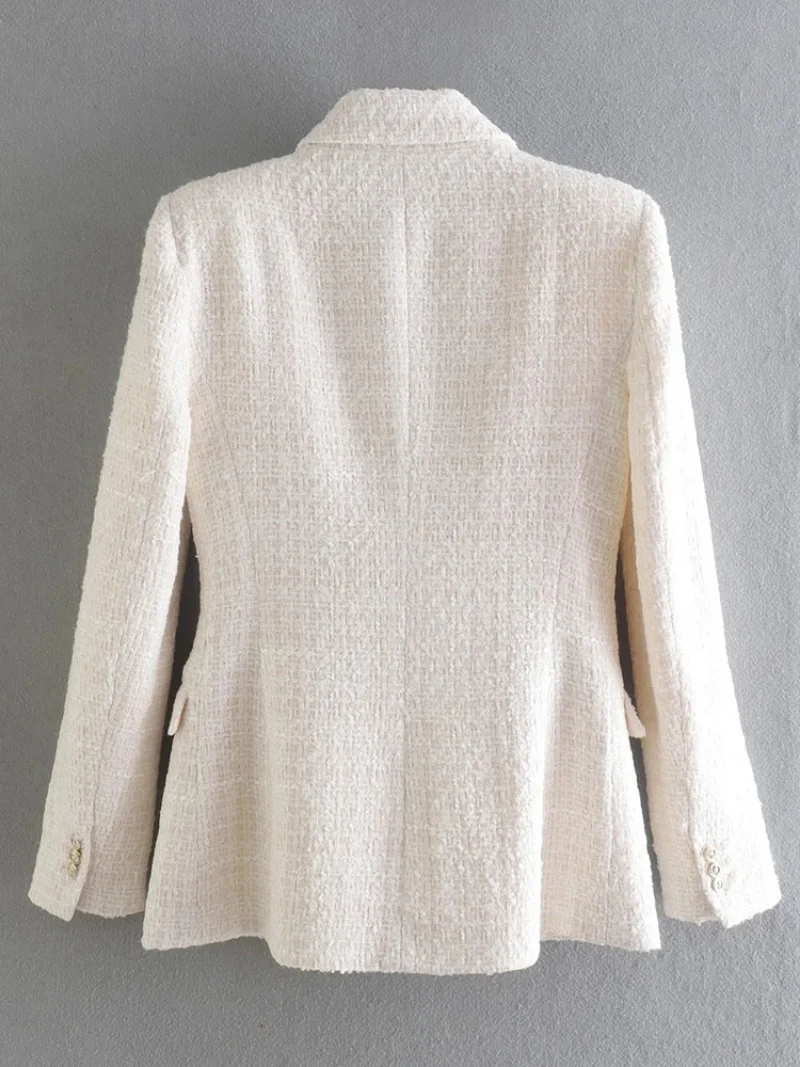 2022 Women Jacket Spring TRAF Fashion Double Breasted Tweed Blazer Coat Vintage Long Sleeve Female Outerwear Chic Top 2022