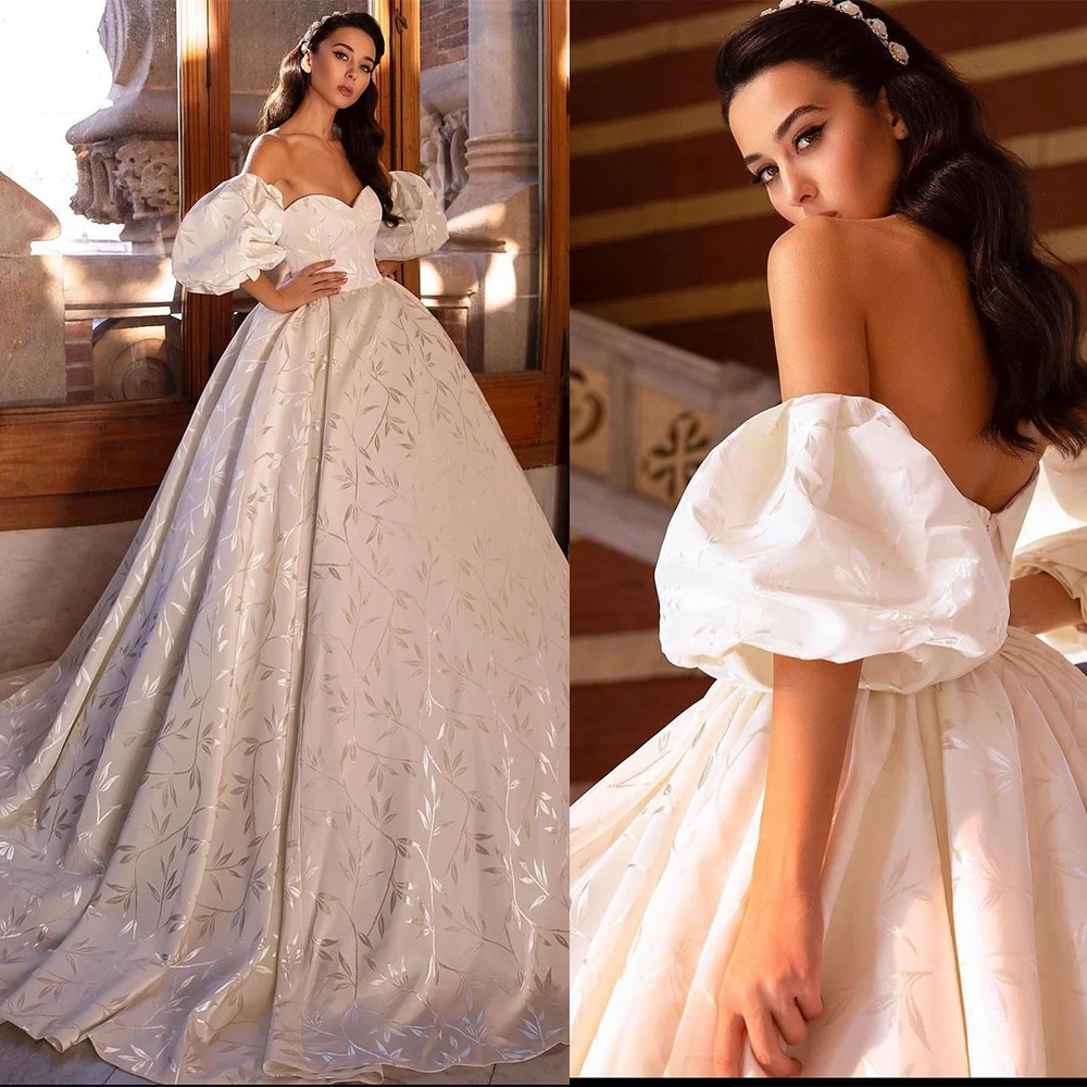 

Willow Leaf Appliques Wedding Dresses Low-Cut Sweetheart Off The Shoulder Puff Sleeve Bridal Gowns Floor-Length Robe De Vestido