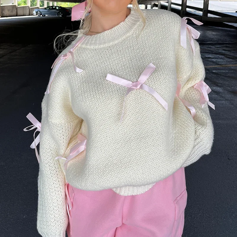 Pink Ribbon Bowknot Knitted Sweater Women Girl Autumn Winter Long Sleeve Pullovers Vintage Y2K Cottage Knitwear Tops Streetwear