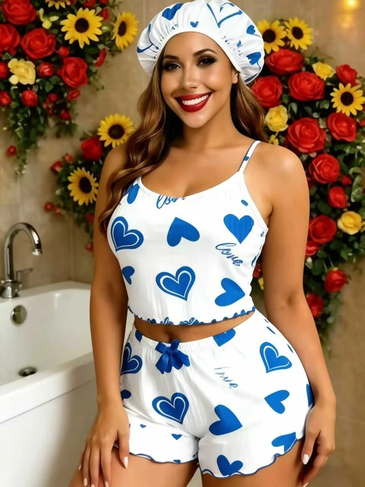 3Pcs/Set Sleepwear Women Pajamas Set Heart Print Soft Ribbed Fabric with Flirty Frill Trim Casual Cami Top and Shorts Sets Loung