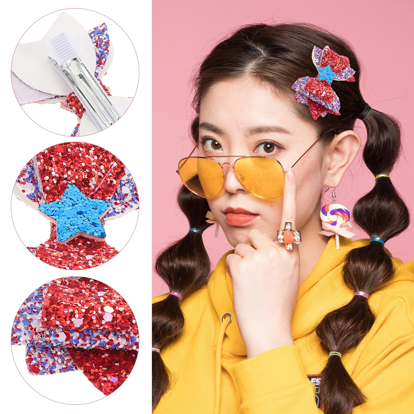 

1 пара патриотических заколок для волос на День независимости, заколки со звездами и бантом, праздничные аксессуары для женщин и девочек, праздничная вечеринка