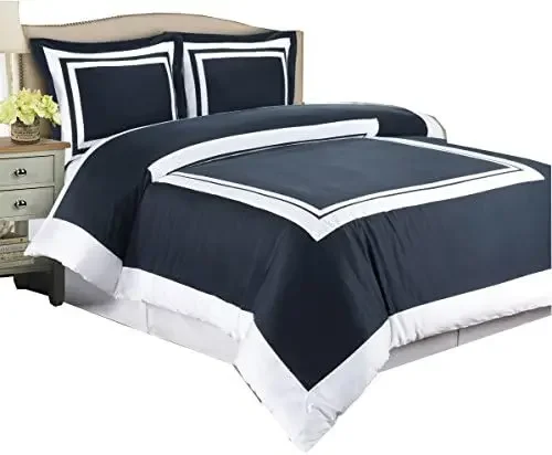 3PC Bedding Set Including 300TC Hotel Duvet Set Cover Set+ White Down Alternative Comforter (Twin, Navy-White)