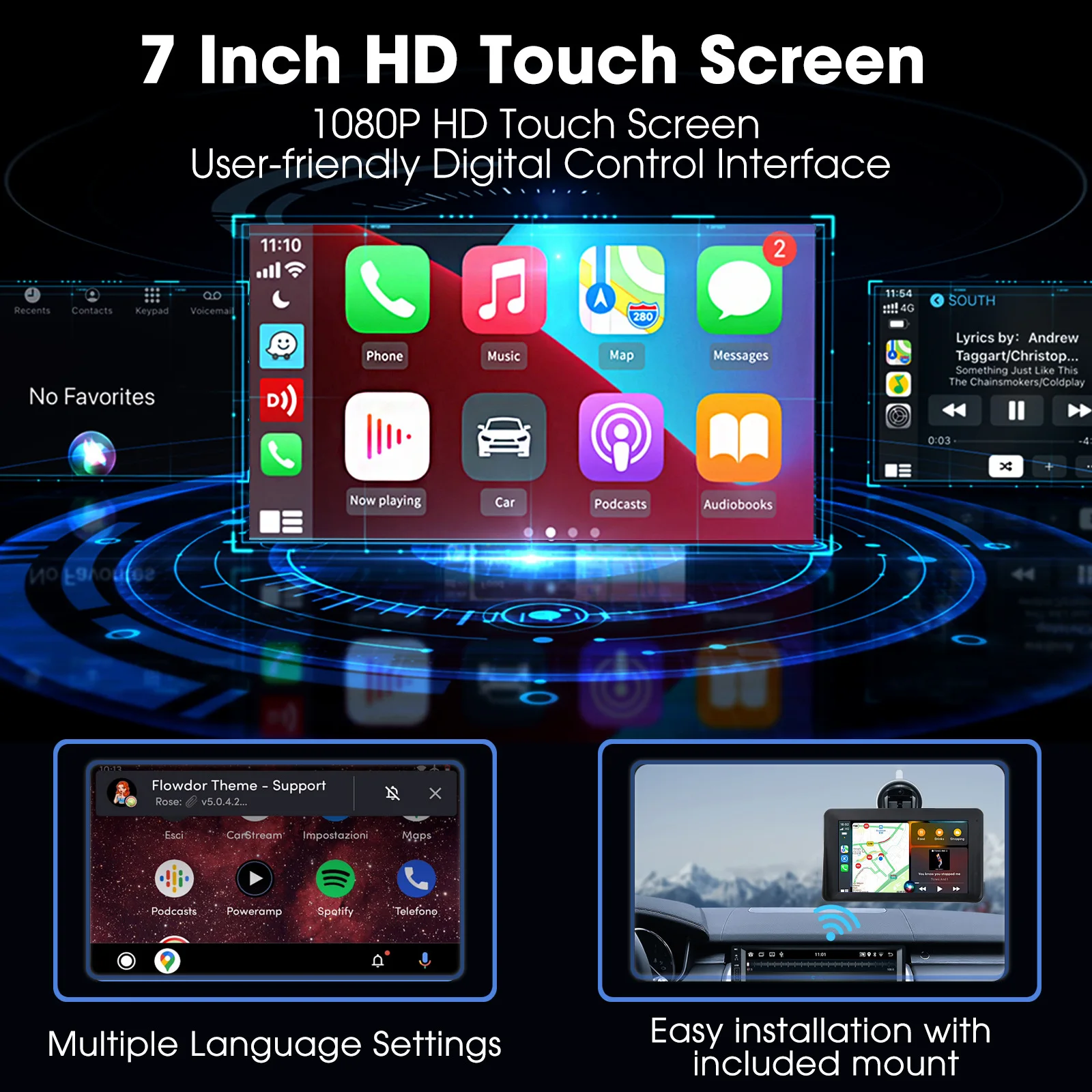 Hippcron CarPlay Android Auto Car Radio Multimedia Video Player 7inch Portable Touch Screen With USB AUX For Rear View Camera