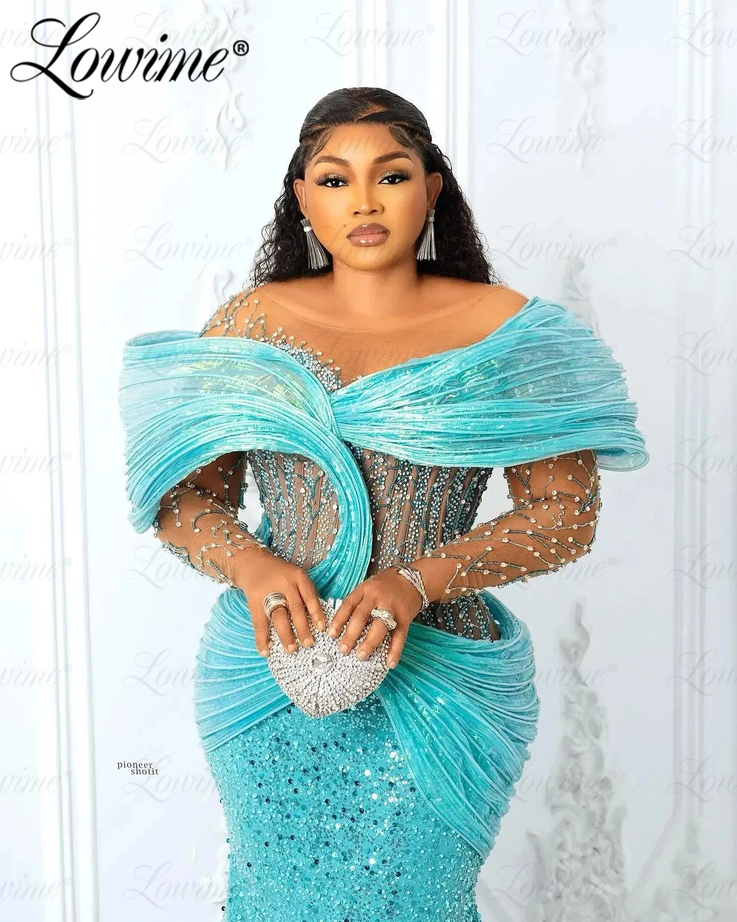 Aso Ebi Beaded Mermaid Prom Dresses African Women Aqua Blue Evening Gowns Luxury Long Sleeve Wedding Reception Prom Party Dress