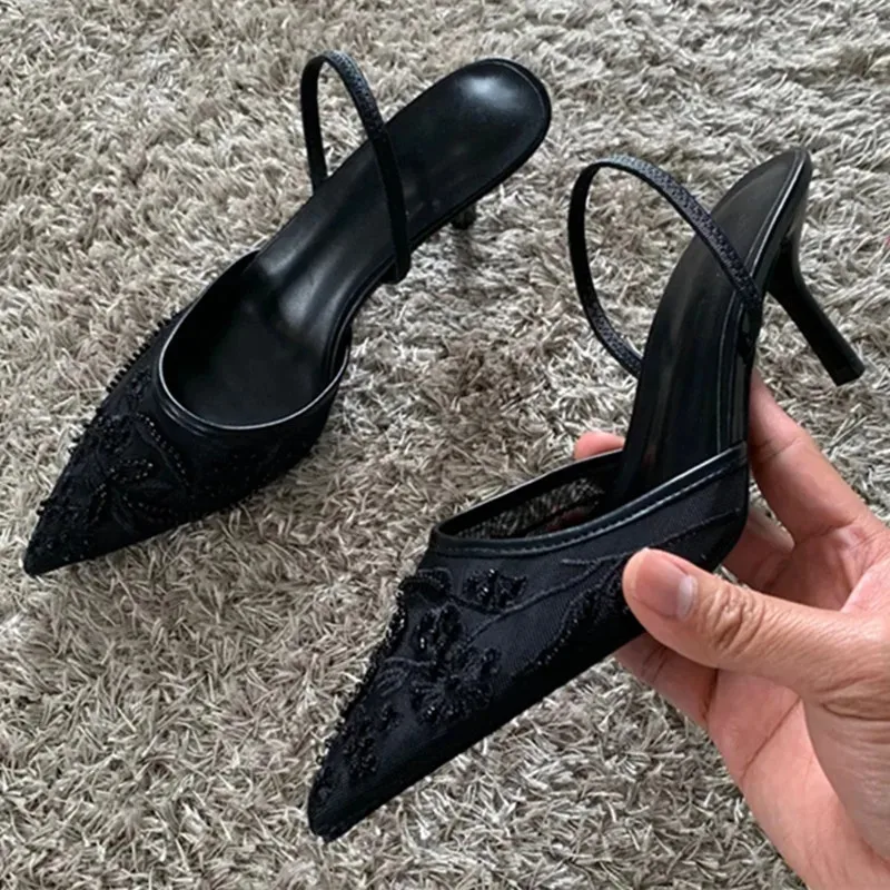 Sexy puntige neus mesh borduur hoge hakken voor dames elegante string kraal pompen zomer luxe designer schoen bruine hakken sandalen - afbeelding 1