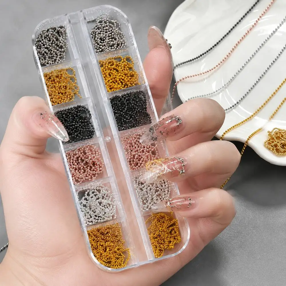 

12Grids/Box Delicate Link Chains Nail Charms Black Silver Rose Gold Alloy Chain Nail Decor Trendy Stylish Alloy Chains Nail Part