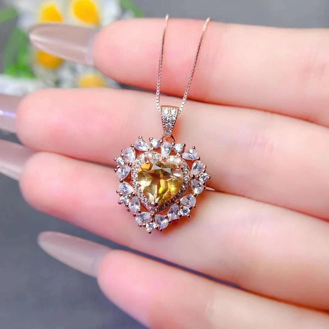 Dazzling Heart Crytstal Pendant 8mm 2ct Natural Citrine Pendant 18K Gold Plated 925 Silver Citrine Jewelry for Daily Wear