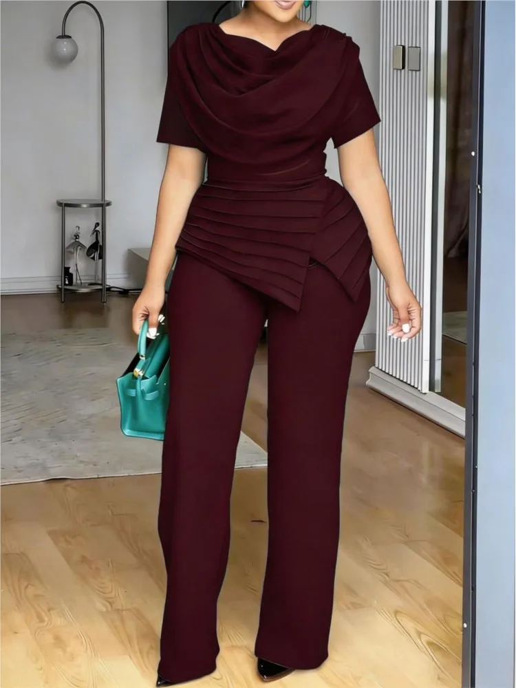 

Summer Short Sleeve Two Piece Sets Women Fashion Solid Swing Neck Ruched Blouse + Straight Leg Pants Set Elegant Office Slim Set