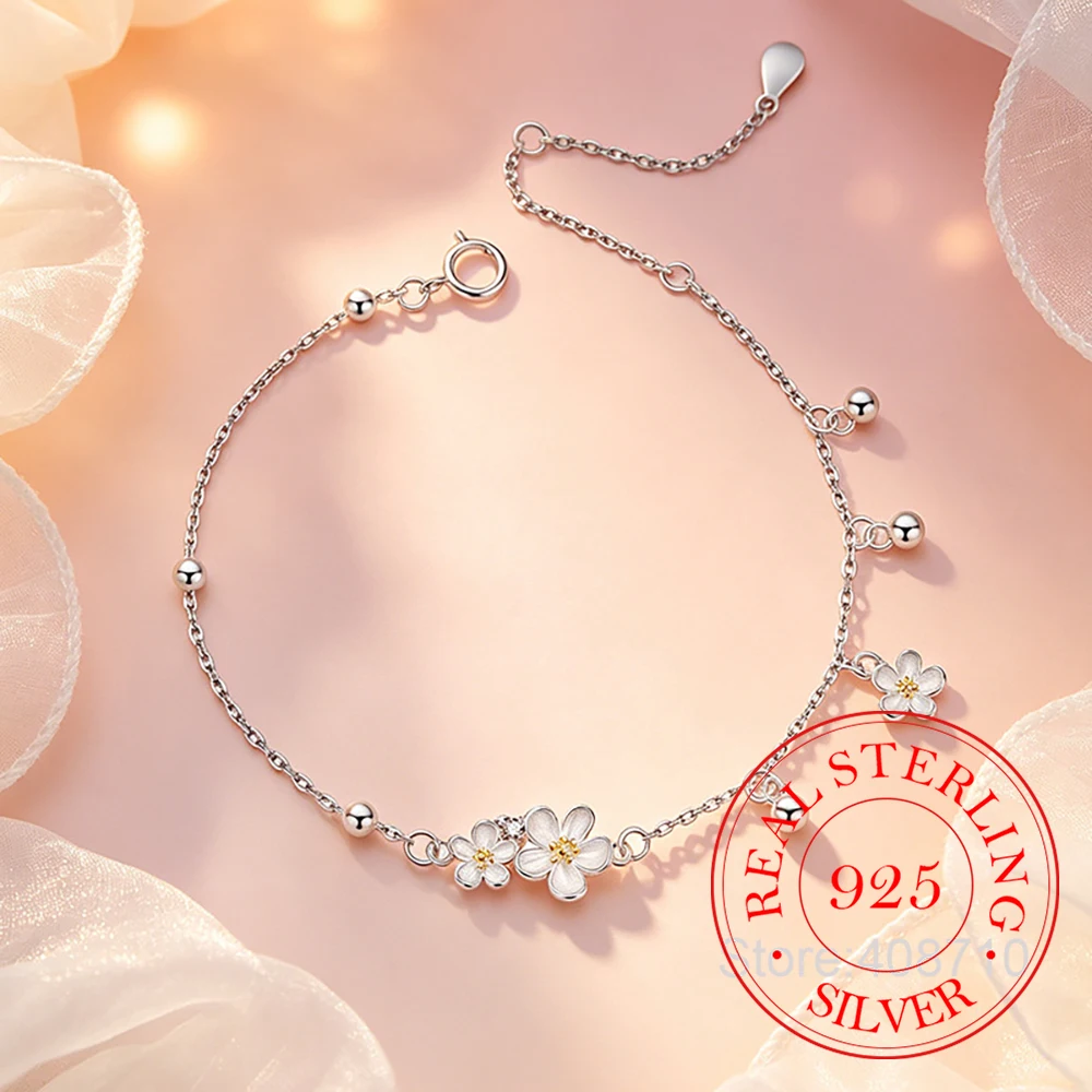 925 Sterling Silver Jewelry Luxury Crystal Gardenia Flower Chains Bracelets for Women Homme Wedding Party Jewelry Gift