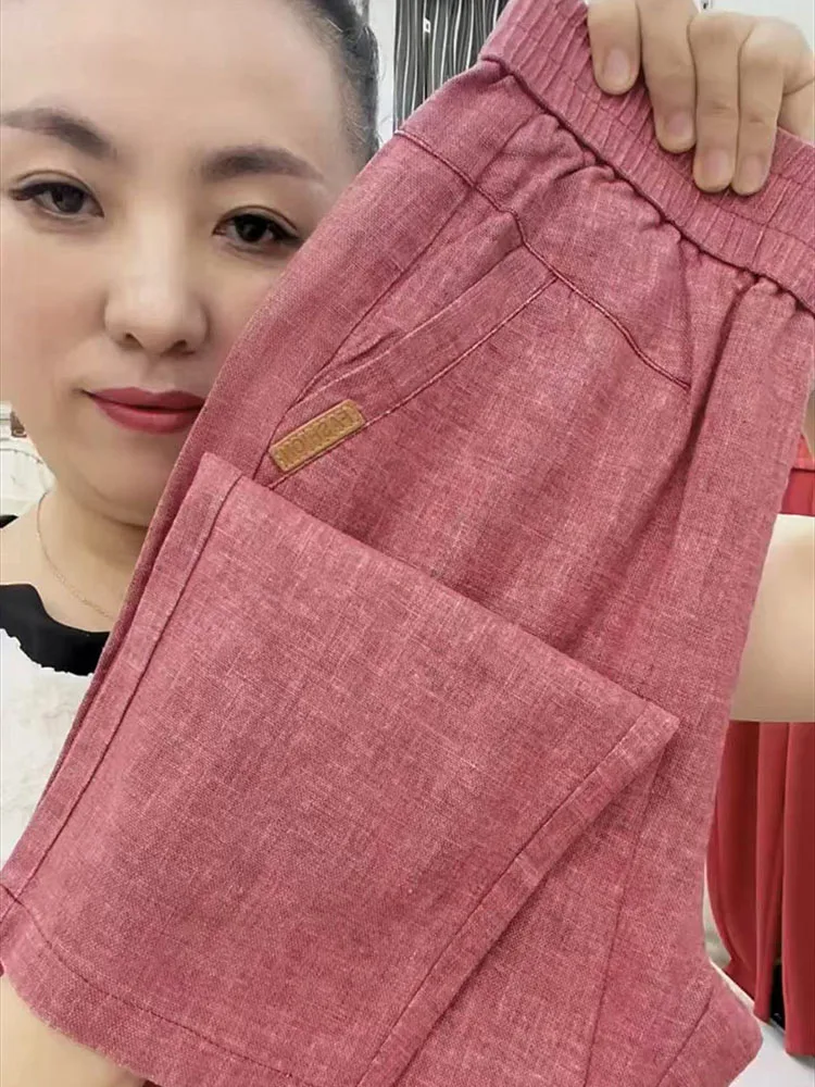 กางเกงผ้าฝ้ายและผ้าลินินน้ําแข็งฤดูร้อนบางอเนกประสงค์ลําลองหลวมอินเทรนด์เรียบง่ายสีทึบผู้หญิงวัยกลางคนและผู้สูงอายุ