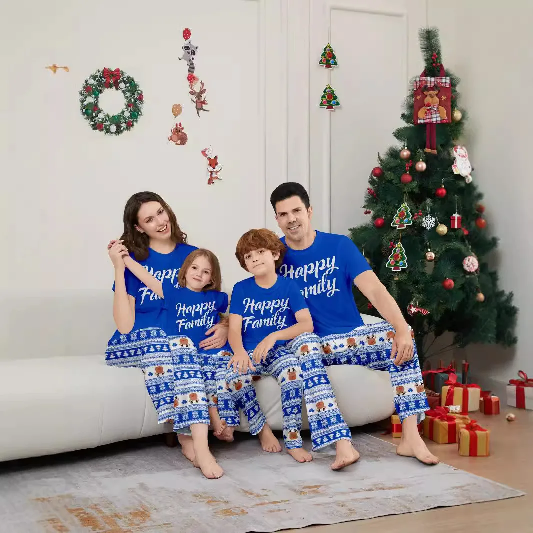 2025 New Christmas Family Pajama Set, blue short-sleeved T-shirt and long pants soft set for adults and children, baby jumpsuits