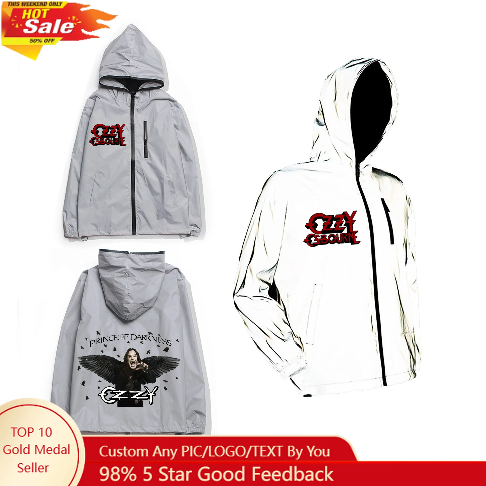 

Ozzy Osbourne Rock Band Reflective Jacket Mens Womens Coat Hooded Windbreaker Run Pocket Jackets Hiking Zipper Customized Hoodie