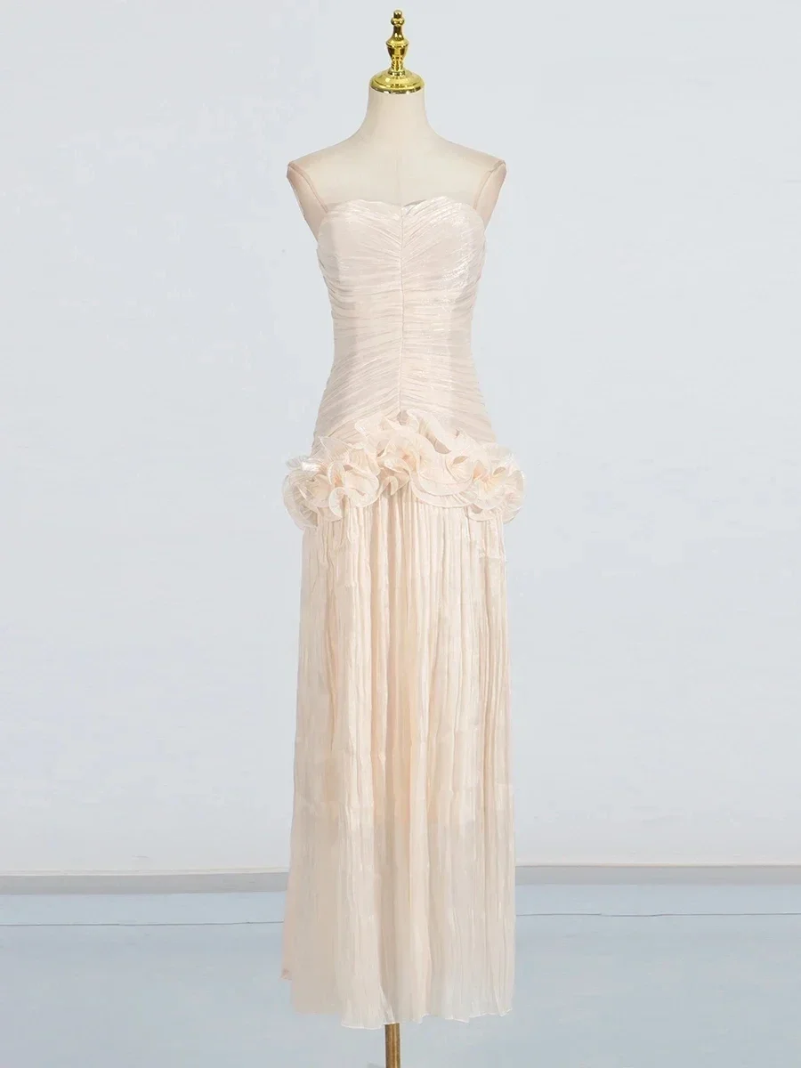 

Solid Spliced Folds Slimming Dresses For Women Slash Neck Sleeveless High Waist Temperament Dress Female Fashion