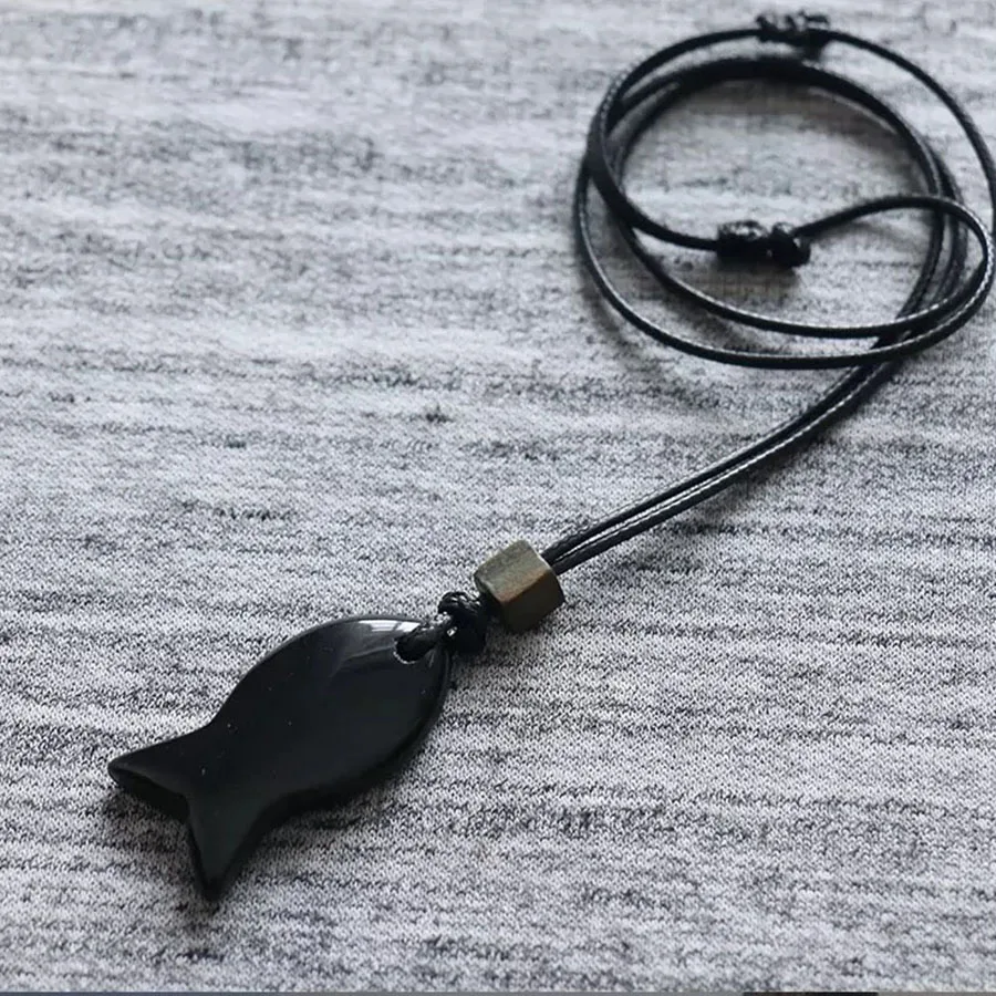 Vintage Natural Black Obsidian Fish‑Shaped Pendant Necklace for Men, Ideal for Fishing Enthusiasts, Valentine’s Day Gift