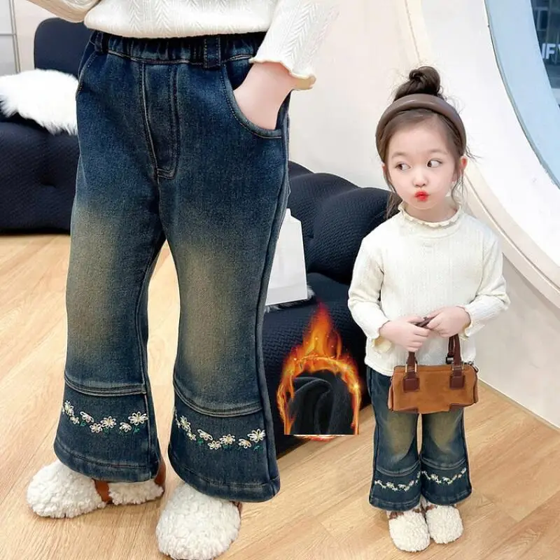 

Hot Girl Winter Thicken Jeans Autumn Elastic Waist Bell-Bottoms Child Pants Kawaii Fashion New Style Casual Clothing Homewear