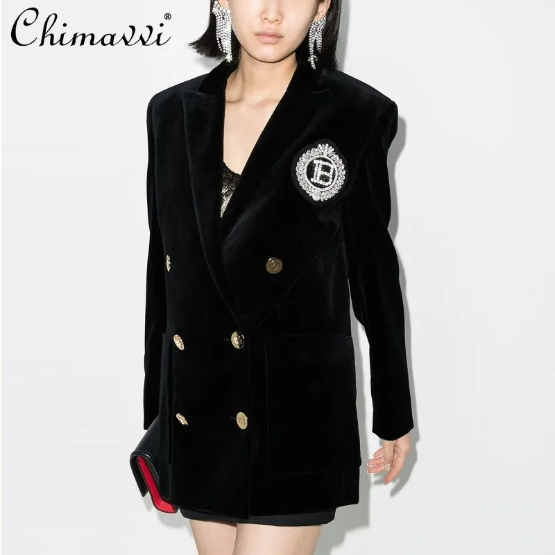 

2025 Autumn New High-end Elegant OLSuit Collar Slim Fit Mid-length Coat Fashion Slim Fit Women's Long Sleeve Velvet Blazer