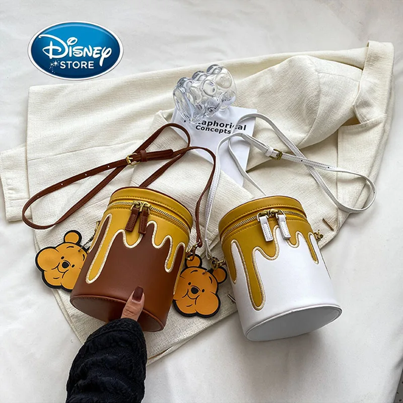 Disney Mini Bucket Bag Cute Cartoon Winnie the Pooh PU Female Summer Pooh Honey Pot Round Box Bag Crossbody Shoulder Bucket Bags