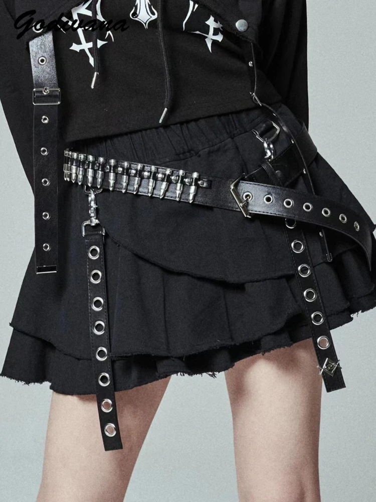 Japanese Mine Subculture Gothic Punk Rivet Belt Irregular Skirt New Autumn Winter Cool Girl Women's Black Stripes Short Skirts