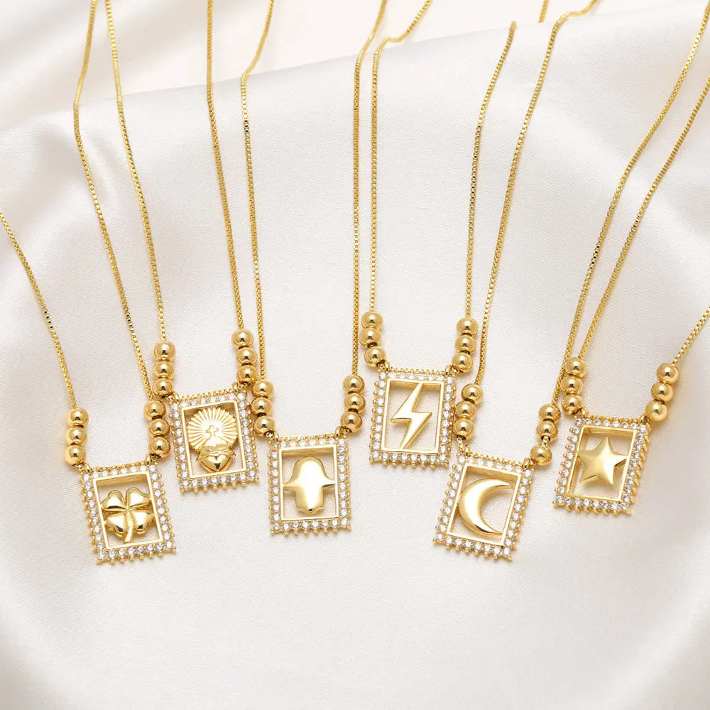 

WT-JFN59 Trendy New Arrival Gold Plated Brass And Zircon Moon Star Patterns Square Pendants Necklace For Women Jewelry Accessory
