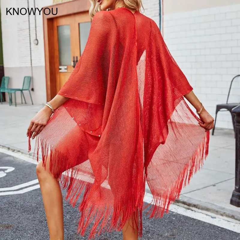 2025 สวมใส่ดูผ่านชุดว่ายน้ํา COVER-UPS บิกินี่ Beach COVER UP เซ็กซี่ตาข่าย SHEER SHINY ถักเสื้อชายหาดสําหรับสตรี
