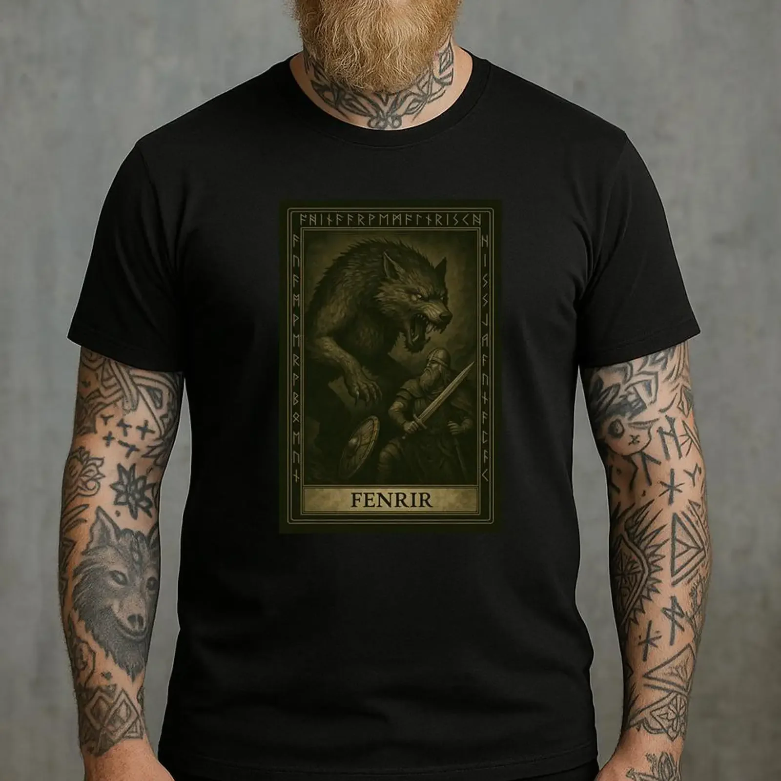 Fenrir Norse Tarot T Shirt Viking Mythology Runes and Ravens Pagan Wolf Spirit  vintage Washed designer clothes Versatile