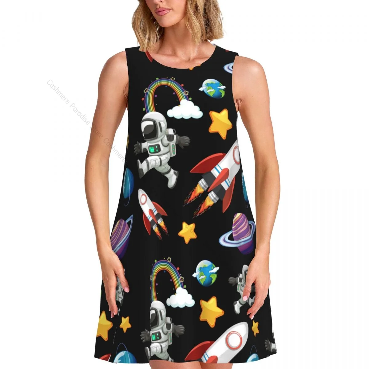 Summer Dresses for Women Casual Sleeveless Dress Astronauts In Space Tank Sundresses with Pockets