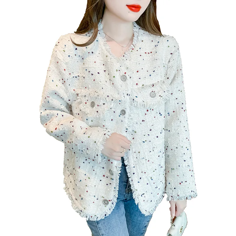 

White colored polka dot women's long sleeved tweed jacket 2024 new autumn/winter small fragrance style top