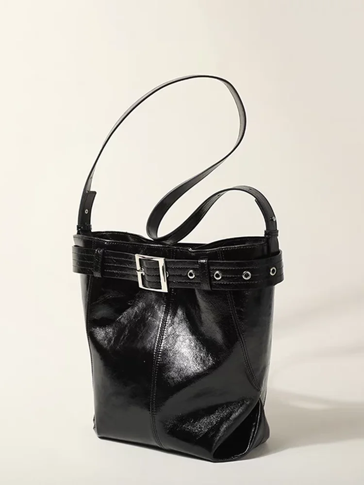 Black Fashion Unique Bucket Bag Genuine Leather Bag\Handbag Women Real Leather Simple Lady Shoulder Crossbody Bag