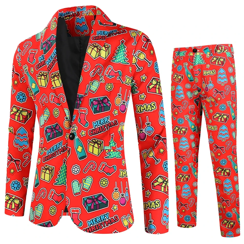 Fashion Suit for Men Christmas Day Party Prom Slim Fit 2 Pieces （ Blazer + Trousers ） Xmas Tree Print Dress Up Male Suits Sets