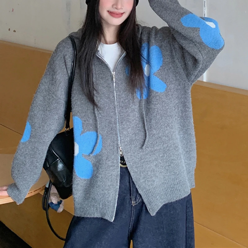 Vintage Floral Cardigan Women Casual Two Way Zipper Color Block Knitted Sweater Fall Winter Retro Loose Knitwear Outwear Tops
