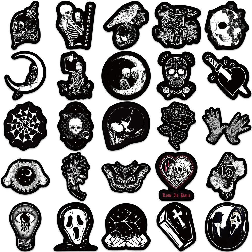 10/50PCS Black White Gothic Stickers,Goth Skull Stickers,Dark Stickers Waterproof Vinyl Wall Stickers,for Water Bottles Phone