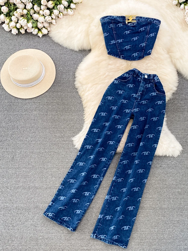 

Модный американский ретро-комплект для женщин: джинсовый жилет без бретелек и брюки с высокой талией и прямыми штанинами, повседневная одежда для отдыха.