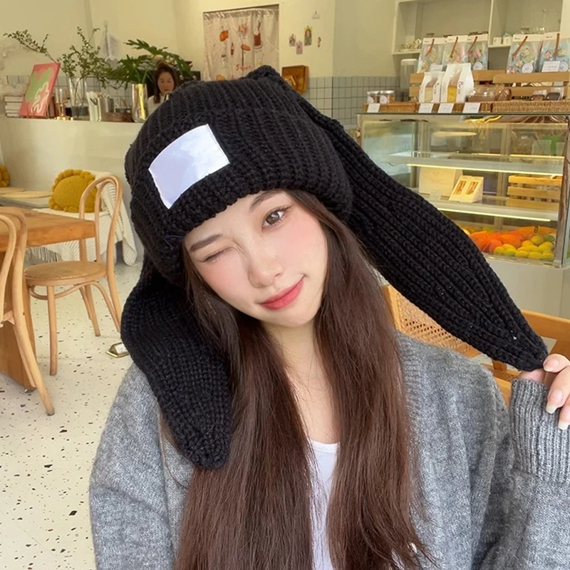 Cute Long Ears Rabbit Knitted Hat Men Women Rabbit Ear Warm Crochet Beanies Kpop Stray Hip Hop Hat Woman Winter Skullies Cap