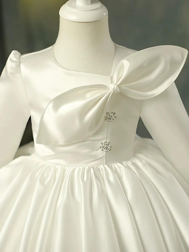 Luxurious Satin Girl Party Dress Big Bow Kids White Christening Elegant Dresses for Bridesmaid Wedding Princess Birthday Gown 5T