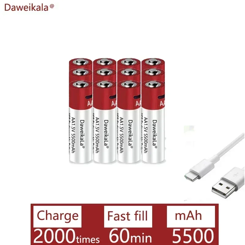 2024New AA USB batería de iones de litio recargable 1,5 V AA 5500mah/batería de iones de litio reloj para juguetes reproductor MP3 termómetro teclado