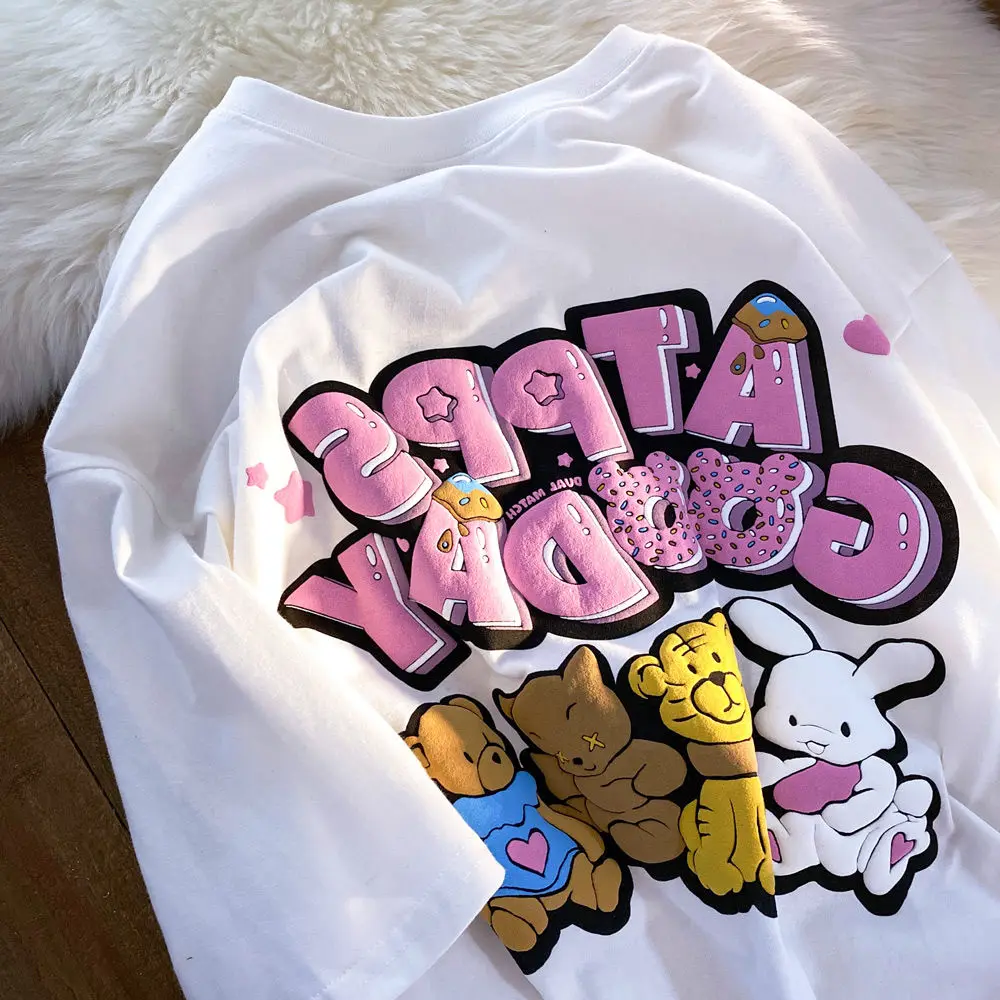 الدب تي شيرت النساء Y2k بلايز قصيرة الأكمام الصيف Kawaii زوجين ارتداء نصف كم لطيف طالب علوي المتضخم تي شيرت للنساء