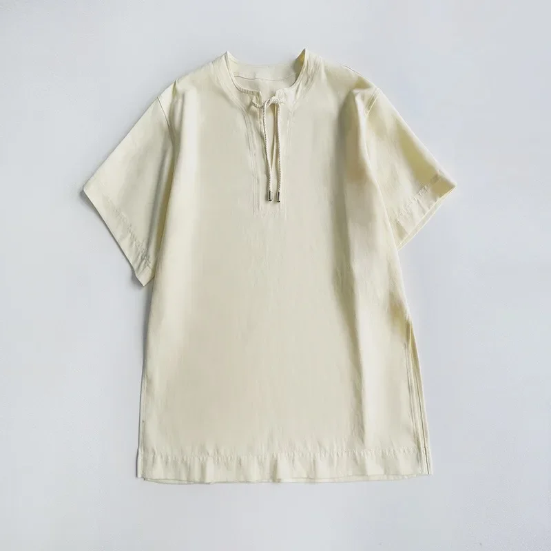 

Linen Lycra Blending Staple Weave Niche V-Neck Tie Slit Loose Short Sleeve Top Women