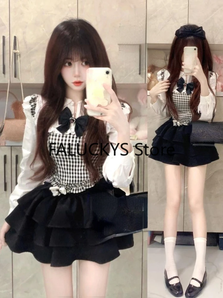 2023 Autumn Sweet 2 Piece Set Office Lady Casual Outwear Mini Skirt + Women Evening Party Kawaill Y2k Blouse Korean Fashion