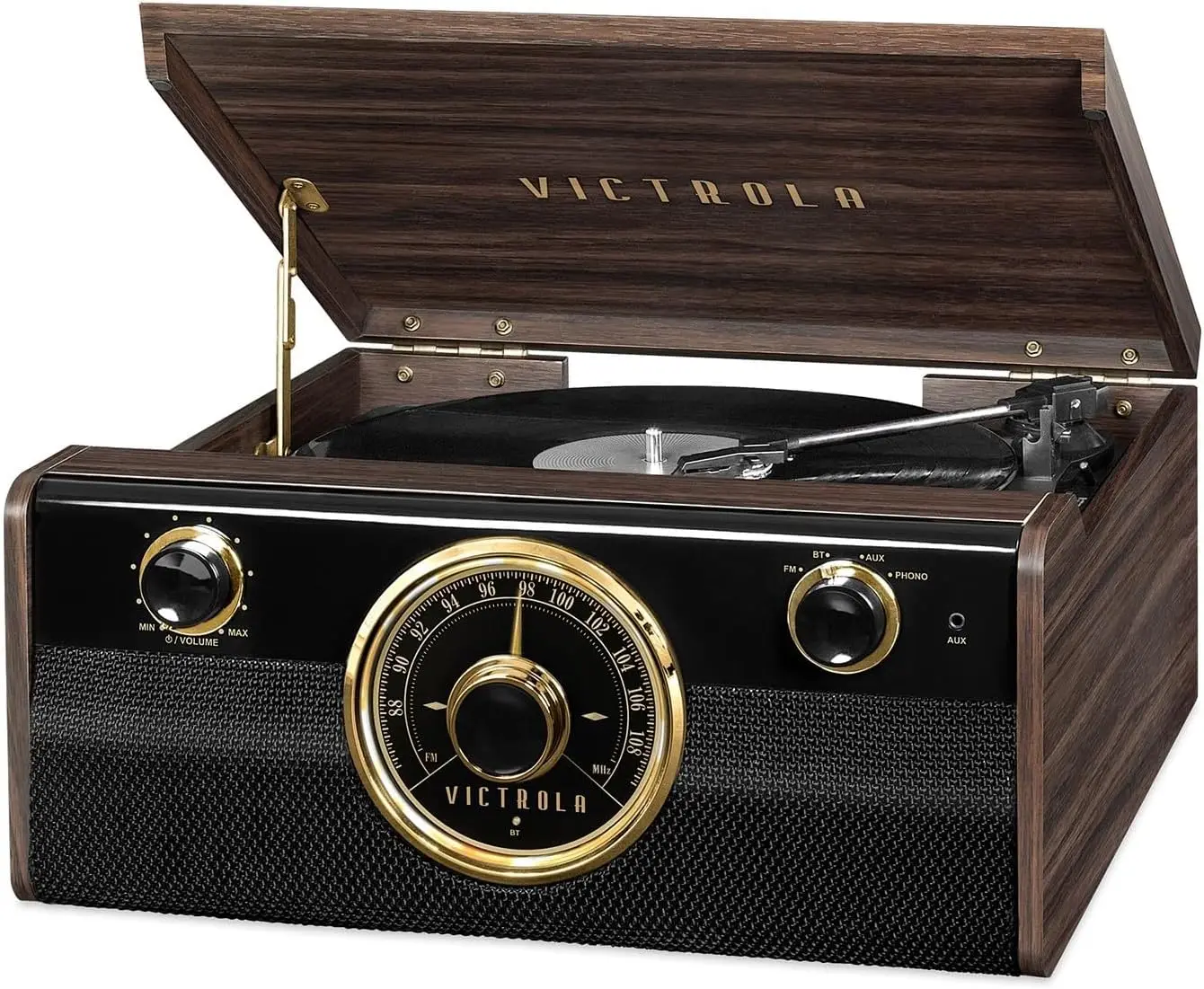 

4-in-1 Bluetooth Record Player with Turntable, Radio, Speakers - Espresso Finish for Home Entertainment