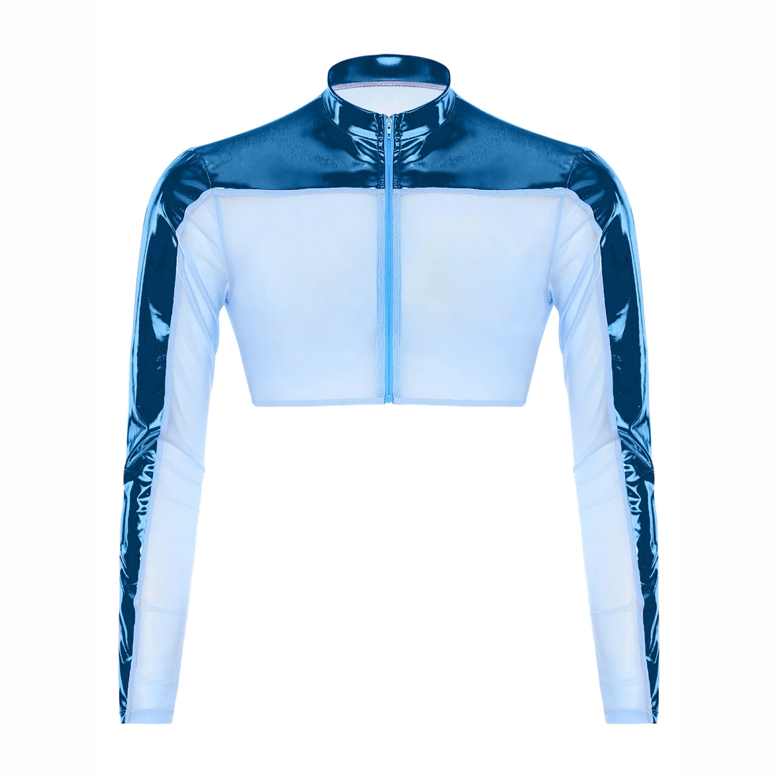 

Men Crew Neck Long Sleeves Front Zipper Half Tops Breathable See Through Mesh Tops Shiny Metallic Glitter Crop Top Club Wear